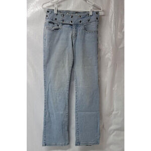 Revolt Jeans Womens 7/8 Mid Rise Bootcut Light Blue Denim - Punk Detail